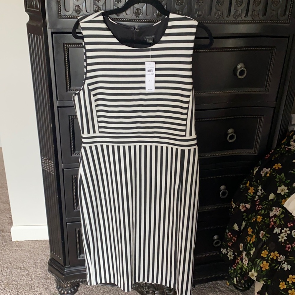 Ann Taylor Black and White Sleeveless Striped Midi Cocktail Dress Size 12 Tall